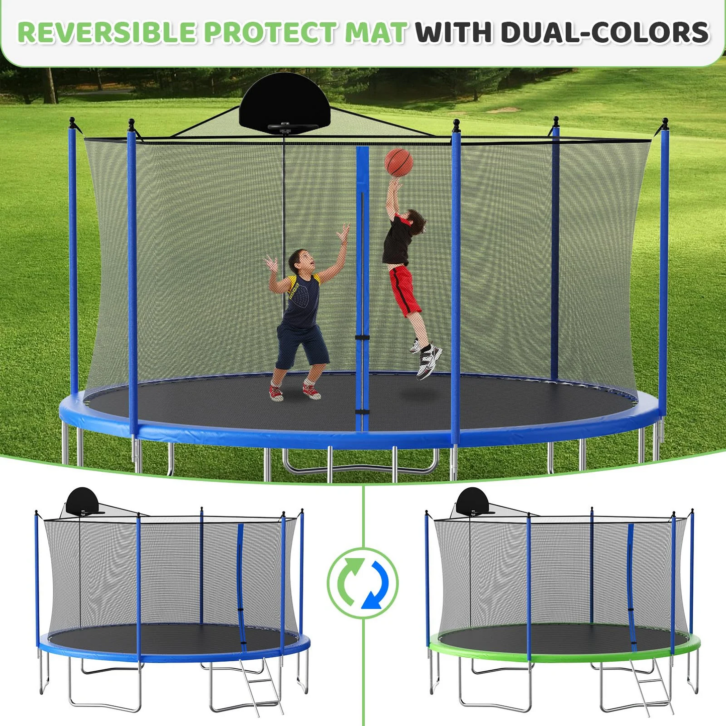 LIZEVINC 14FT Trampoline for Kids with Enclosure Net, Basketball Hoop and Ladder,Easy Assembly Round Outdoor Recreational Trampoline High Stability