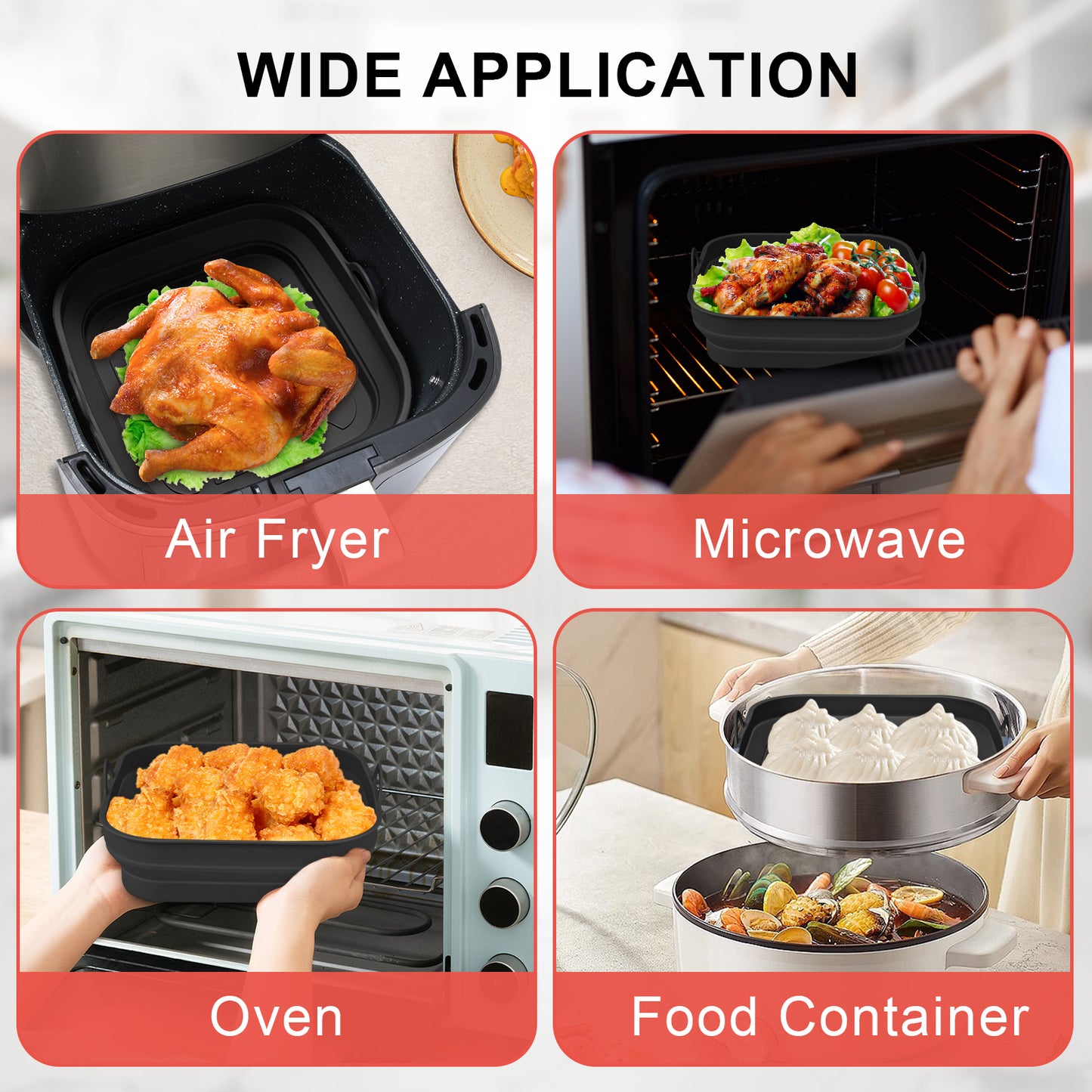 2-Pack Square Air Fryer Liners, 8 Inch - Reusable & Non-Stick Silicone Pot Pan - Heat Resistant Accessories, Black