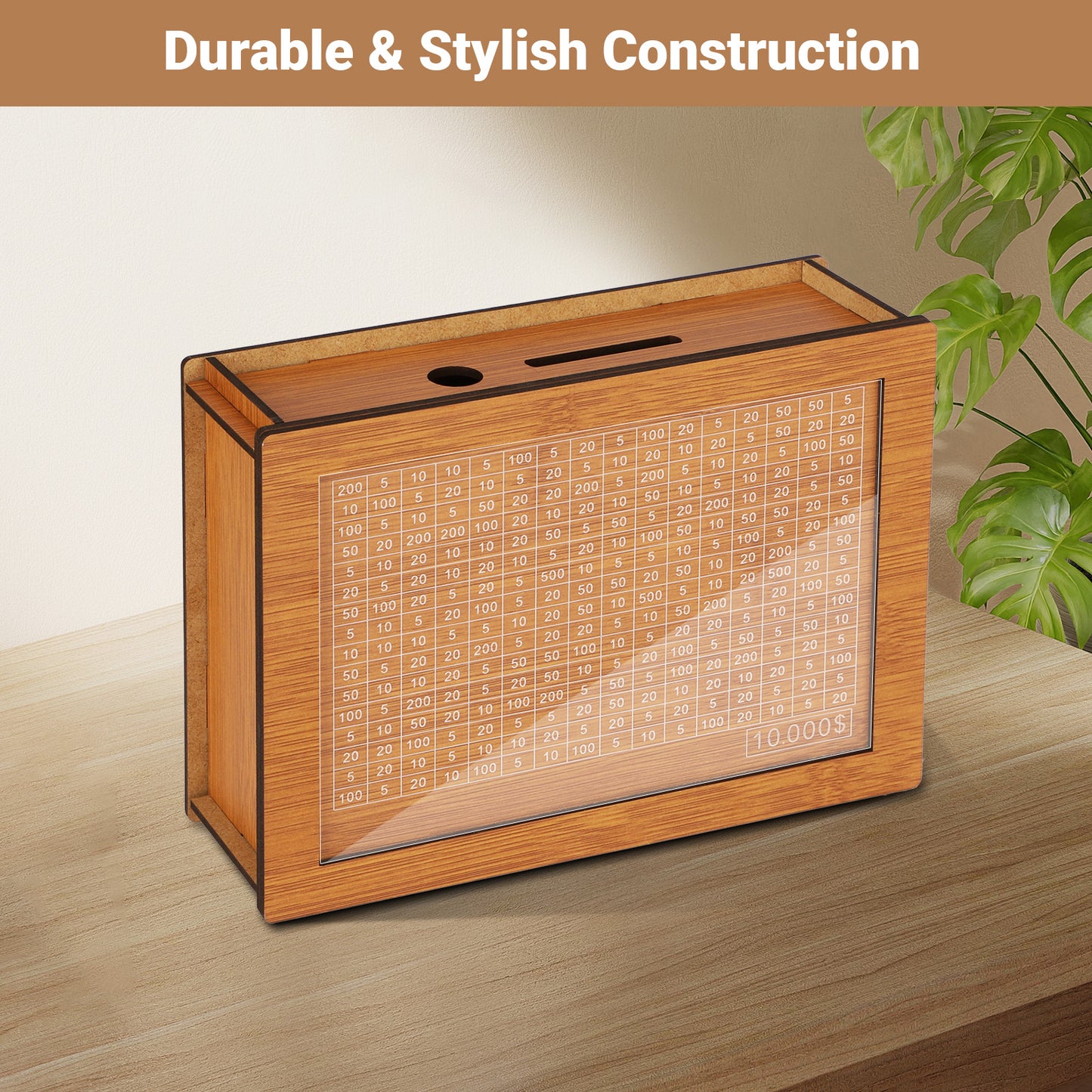 10000 Savings Challenge Box with Tracker - Wooden Cash Vault Piggy Bank for Adults in Teak Color