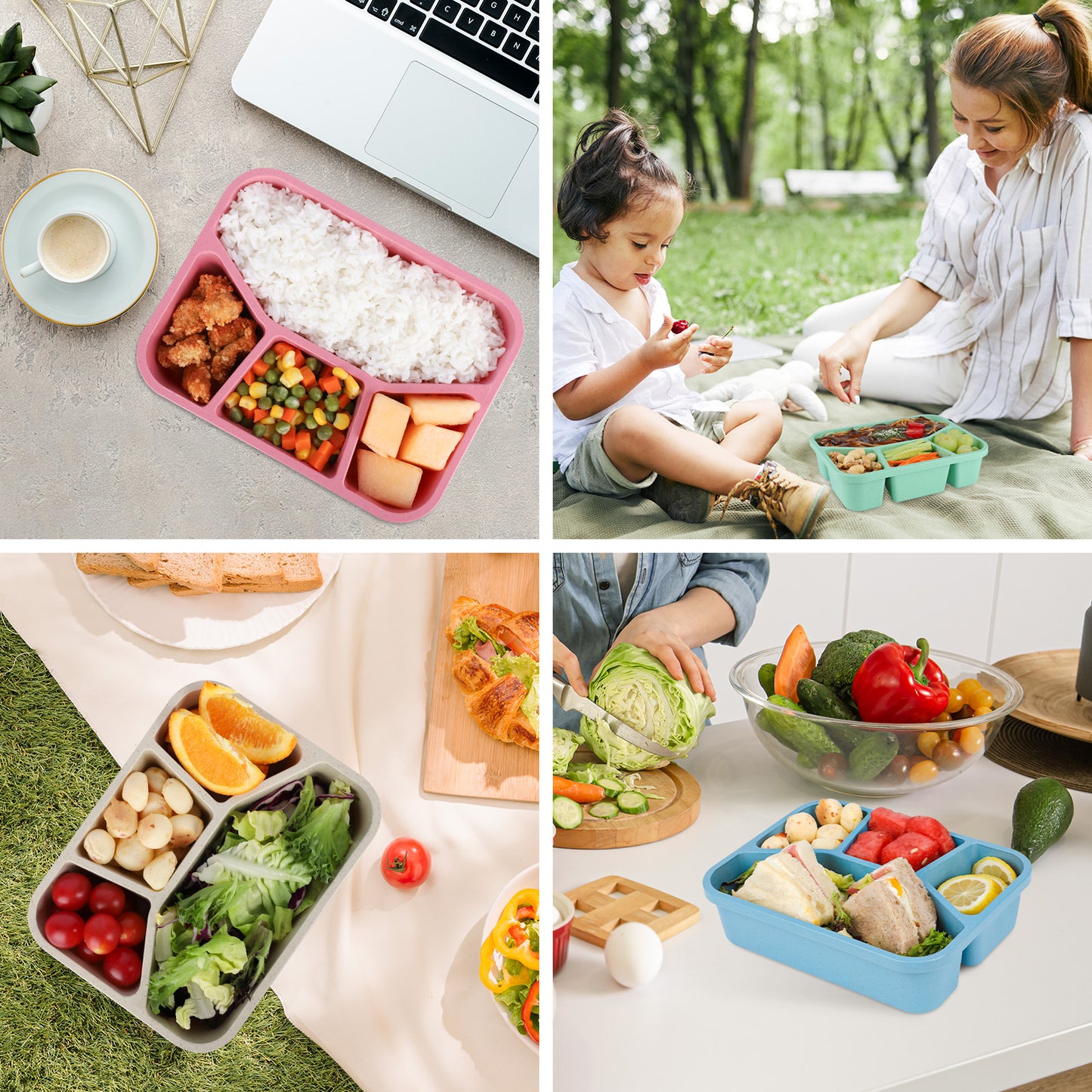 Home Bento Box Containers,4 Pack Compartment bento boxes for lunch with lids,Stackable & Reusable Food Storage Snack Containers for adult with Utensils & Transparent Lids, Microwave Dishwash