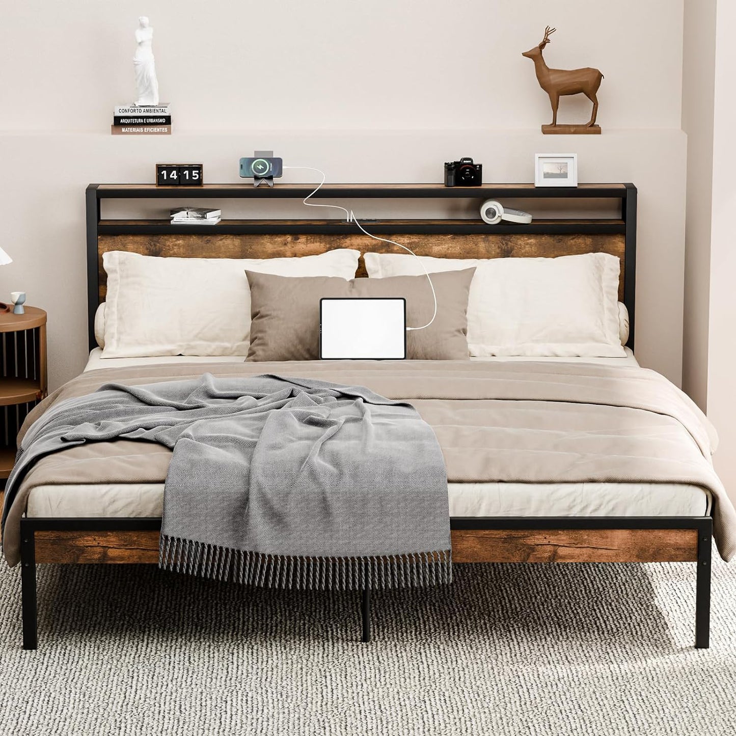 ZIVACATE Full Size Bed Frame with Headboard, USB Ports, Outlets, and Charging Station in Brown