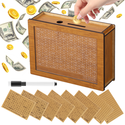 10000 Savings Challenge Box with Tracker - Wooden Cash Vault Piggy Bank for Adults in Teak Color