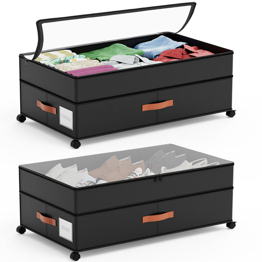 LIZEVINC 2-Pack Large Under Bed Storage with Wheels and Lids – Adjustable Height Rolling Storage Bins with Dividers, Space-Saving Underbed Organizer for Clothes, Shoes, Blankets