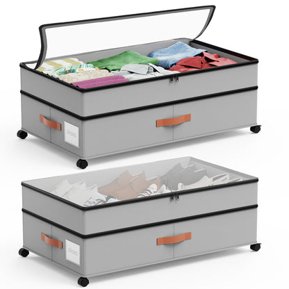 LIZEVINC 2-Pack Large Under Bed Storage with Wheels and Lids – Adjustable Height Rolling Storage Bins with Dividers, Space-Saving Underbed Organizer for Clothes, Shoes, Blankets