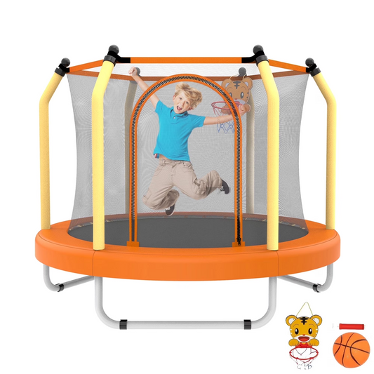 LIZEVINC 55-Inch Outdoor Toddler Trampoline with Enclosure Net, Mini Round Trampoline for Kids with Basketball, Small Trampoline Gifts for Boy and Girls