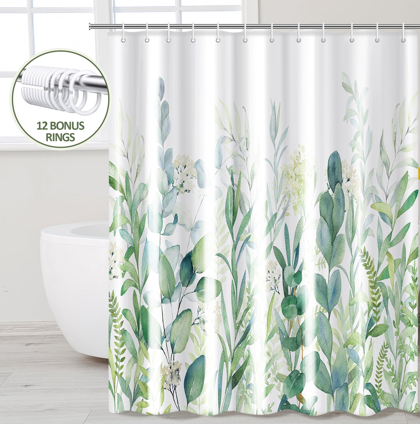 ZIVACATE Shower Curtain with Hooks-Watercolor Plant Leaves Floral Shower Curtain–Heavy-Duty Mold/Mildew-Resistant,Water-Repellent,72 x 72