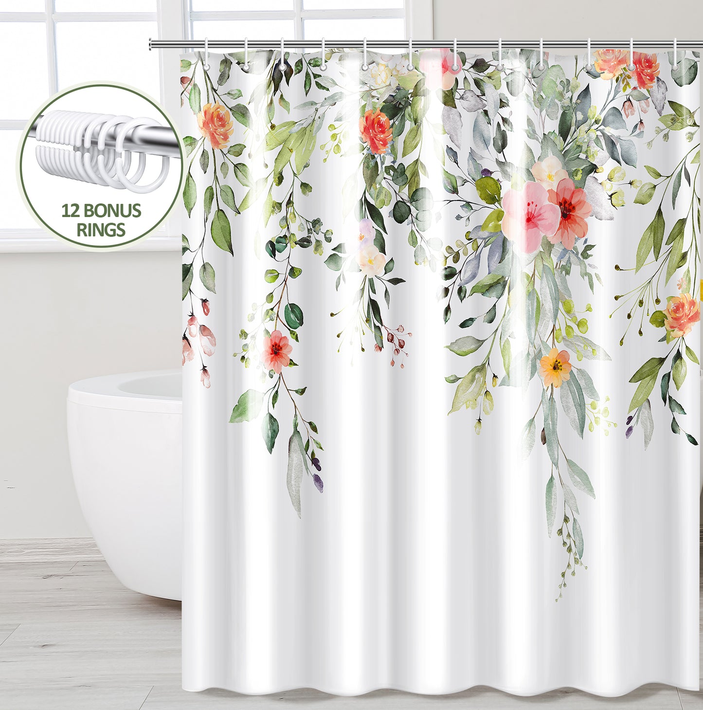 ZIVACATE Shower Curtain with Hooks-Watercolor Plant Leaves Floral Shower Curtain–Heavy-Duty Mold/Mildew-Resistant,Water-Repellent,72 x 72