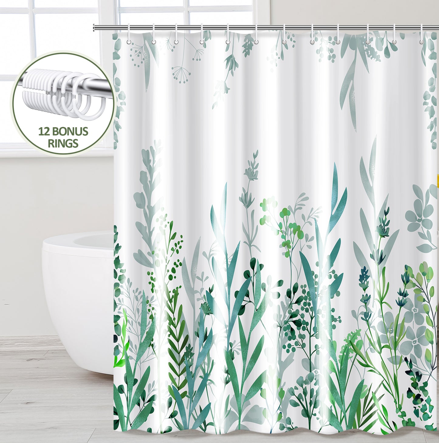 ZIVACATE Shower Curtain with Hooks-Watercolor Plant Leaves Floral Shower Curtain–Heavy-Duty Mold/Mildew-Resistant,Water-Repellent,72 x 72