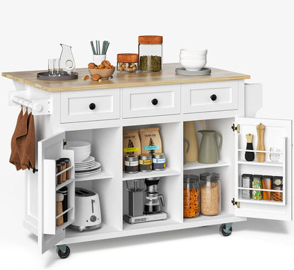 ZIVACATE Rolling Kitchen Island with Drop Leaf 53 in Kitchen Islands on Wheels with Drawers Cabinet Spice Towel Rack Storagefor Kitchen