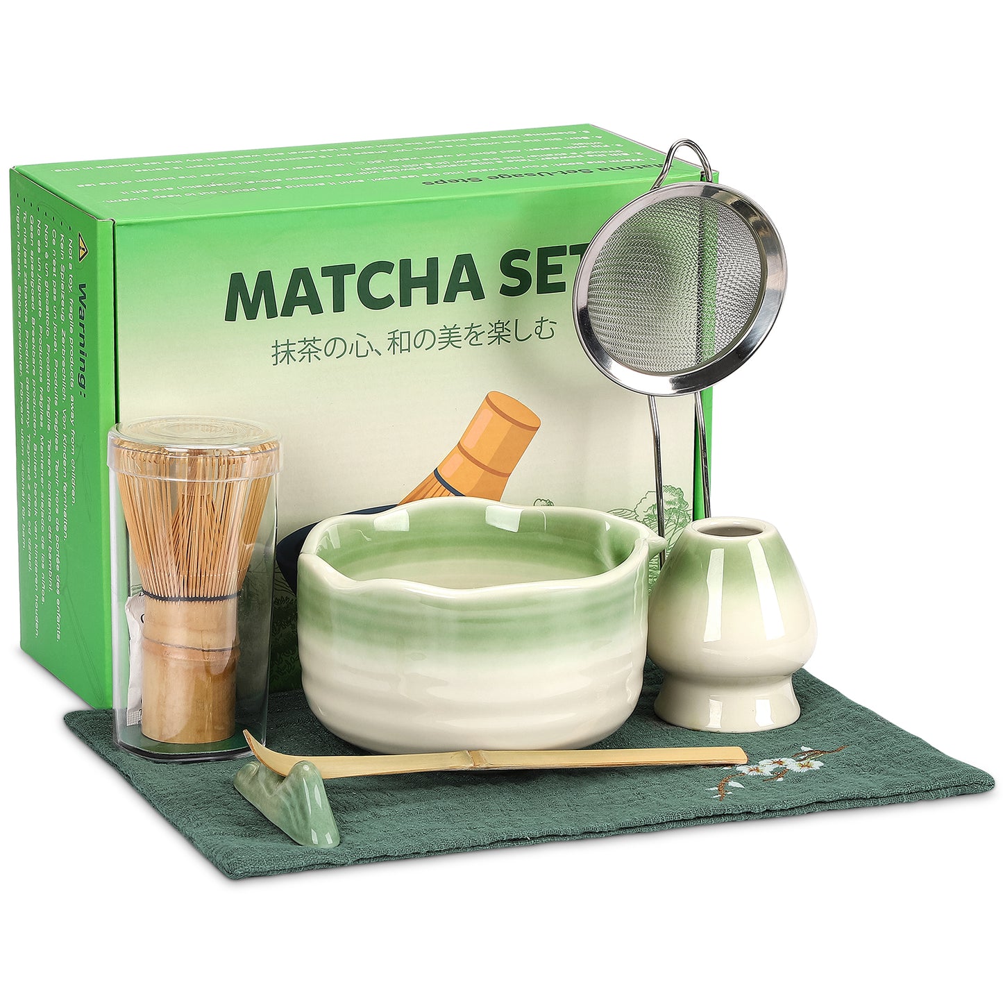 7 Pcs Matcha Whisk Set,Matcha Tea Kit Includes Matcha Bowl with Spout,Matcha Whisk and Holder,Bamboo Matcha Scoop,Stainless Steel Sifter,Scoop Stand and Tea Towel