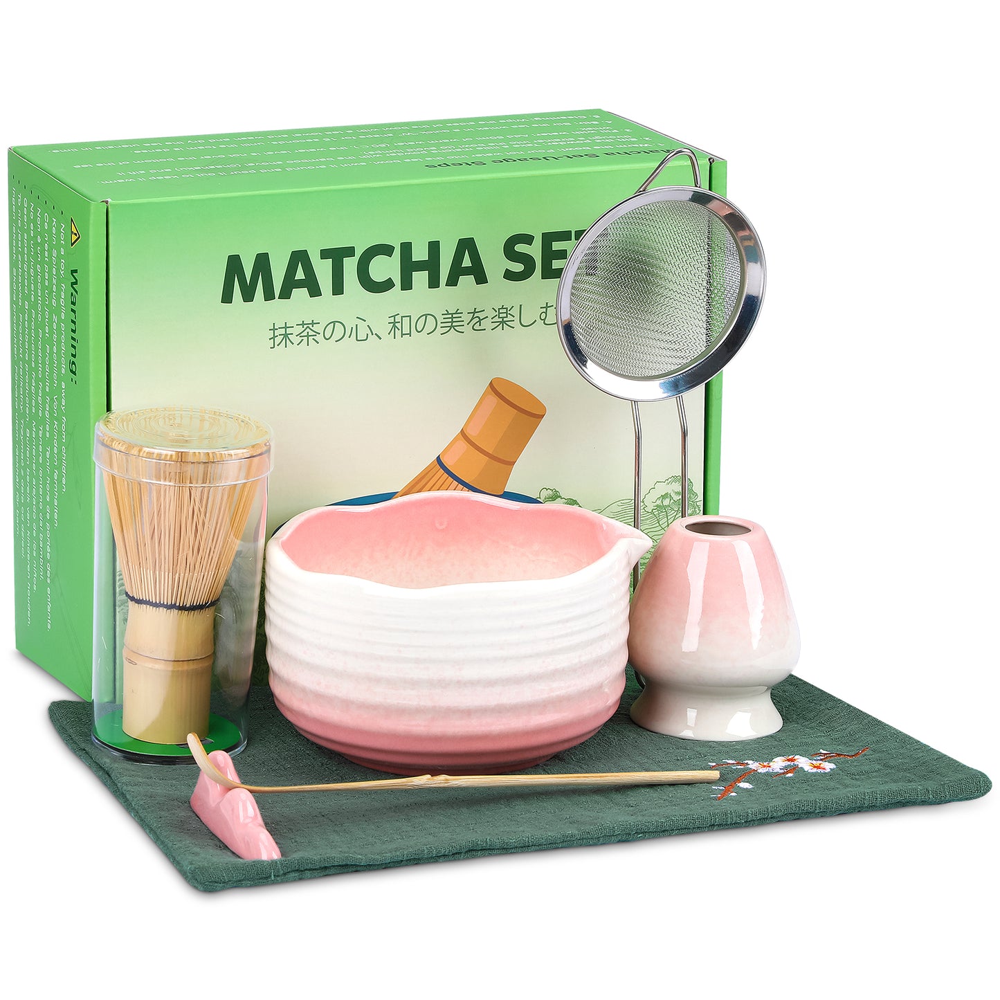 7 Pcs Matcha Whisk Set,Matcha Tea Kit Includes Matcha Bowl with Spout,Matcha Whisk and Holder,Bamboo Matcha Scoop,Stainless Steel Sifter,Scoop Stand and Tea Towel
