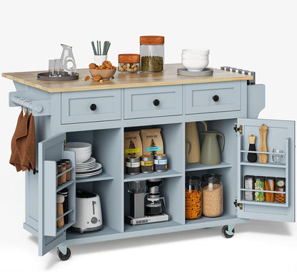 ZIVACATE Rolling Kitchen Island with Drop Leaf 53 in Kitchen Islands on Wheels with Drawers Cabinet Spice Towel Rack Storagefor Kitchen