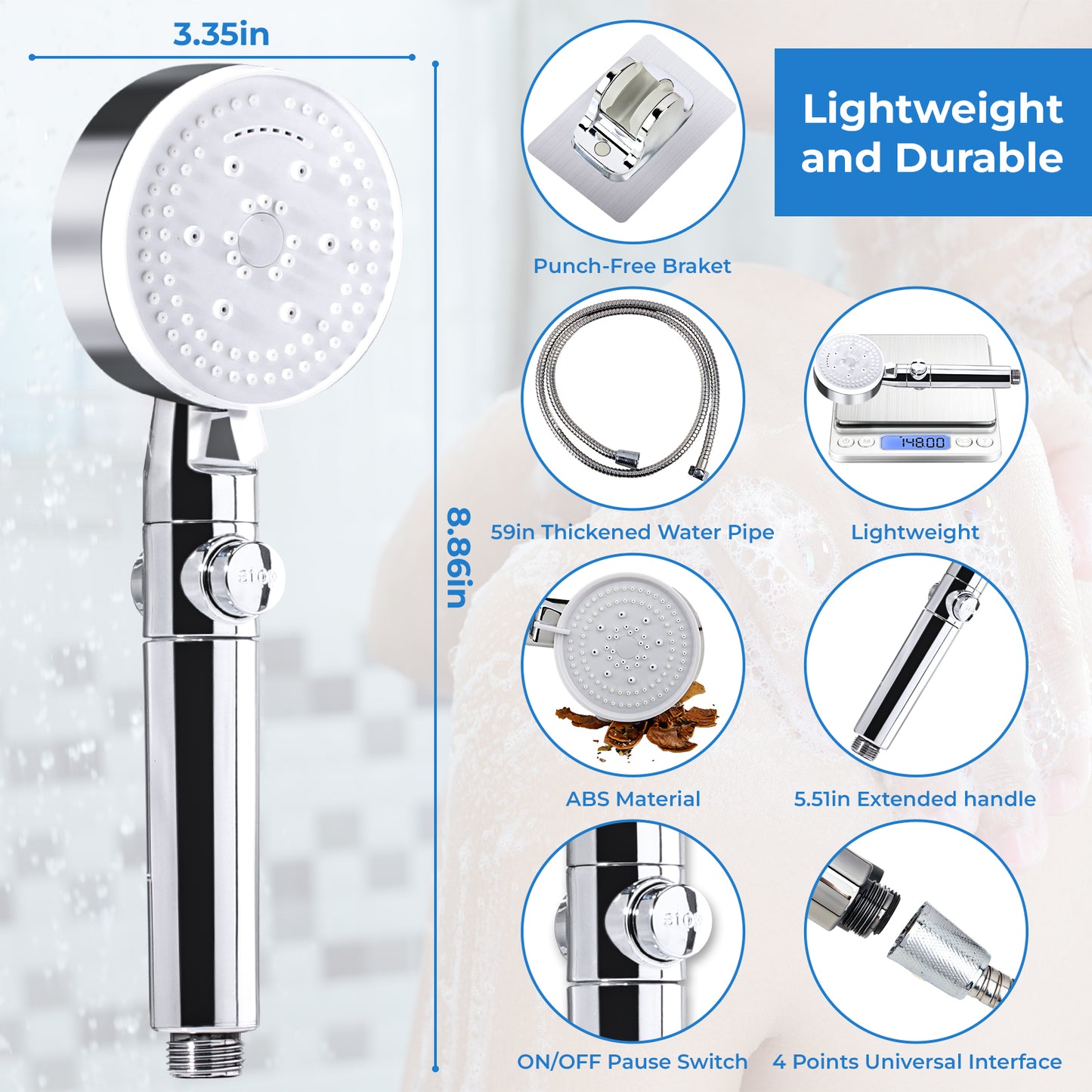 ZIVACATE Hand held Shower Head, High Pressure Shower Head with 6 Spray Settings,59" Stainless Steel Hose and Adjustable Shower Stand,Shower Head with One Button Switch, Drill-Free Design,Black