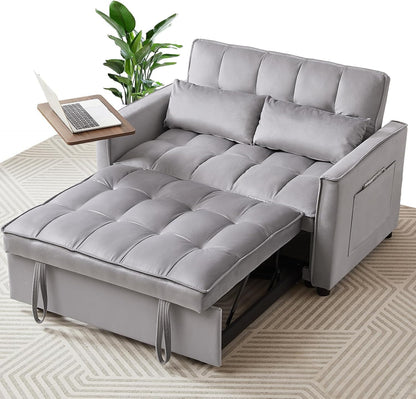 ZIVACATE  Pull Out Sleeper Sofa Bed Couch 3 In 1 Convertible Futon Velvet Loveseat Chaise Lounge, With Adjustable Backrest, 2 Pillows, Side Table, Pockets, Furniture For Living Room