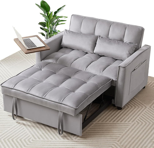 ZIVACATE  Pull Out Sleeper Sofa Bed Couch 3 In 1 Convertible Futon Velvet Loveseat Chaise Lounge, With Adjustable Backrest, 2 Pillows, Side Table, Pockets, Furniture For Living Room