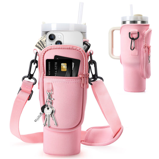 ZIVACATE Water Bottle Carrier Bag Crossbody with Phone Pocket, Adjustable Strap for 40 oz Tumbler & Water Bottle Holder, Convenient Cup Accessories