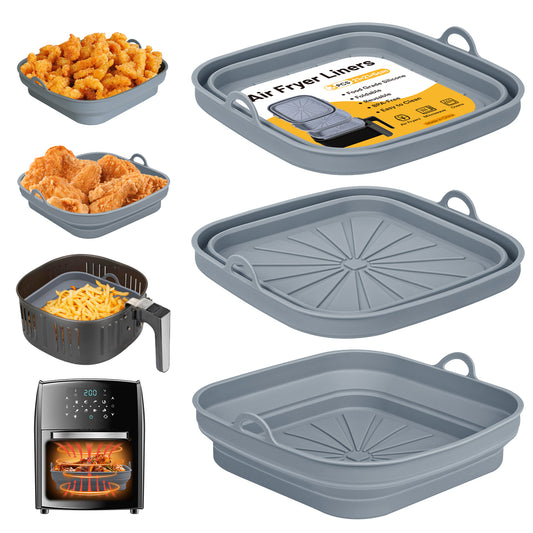 2-Pack Square Air Fryer Liners, 8 Inch - Reusable & Non-Stick Silicone Pot Pan - Heat Resistant Accessories, Black