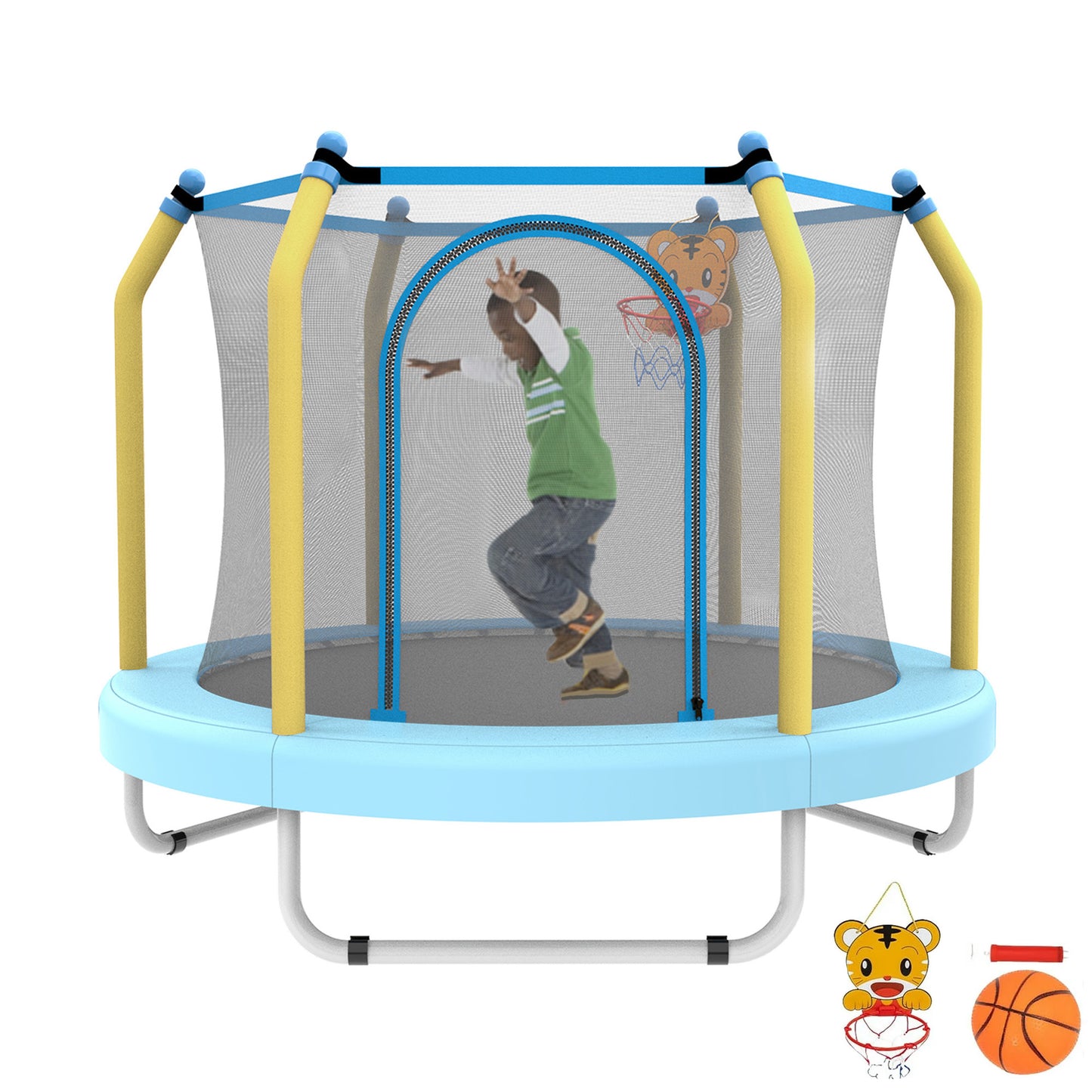 LIZEVINC 4.6FT Outdoor Toddler Trampoline with Enclosure Net, Mini Round Trampoline for Kids with Basketball, Small Trampoline Gifts for Boy and Girls,Yellow