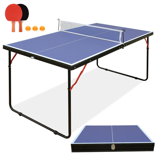 27" Table Tennis Table with Net & 2 Ping Pong Paddles, Indoor/Outdoor Game Set,Blue