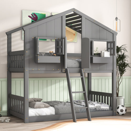 ZIVACATE House Bunk Beds for Kids Twin Over Twin with Stairs