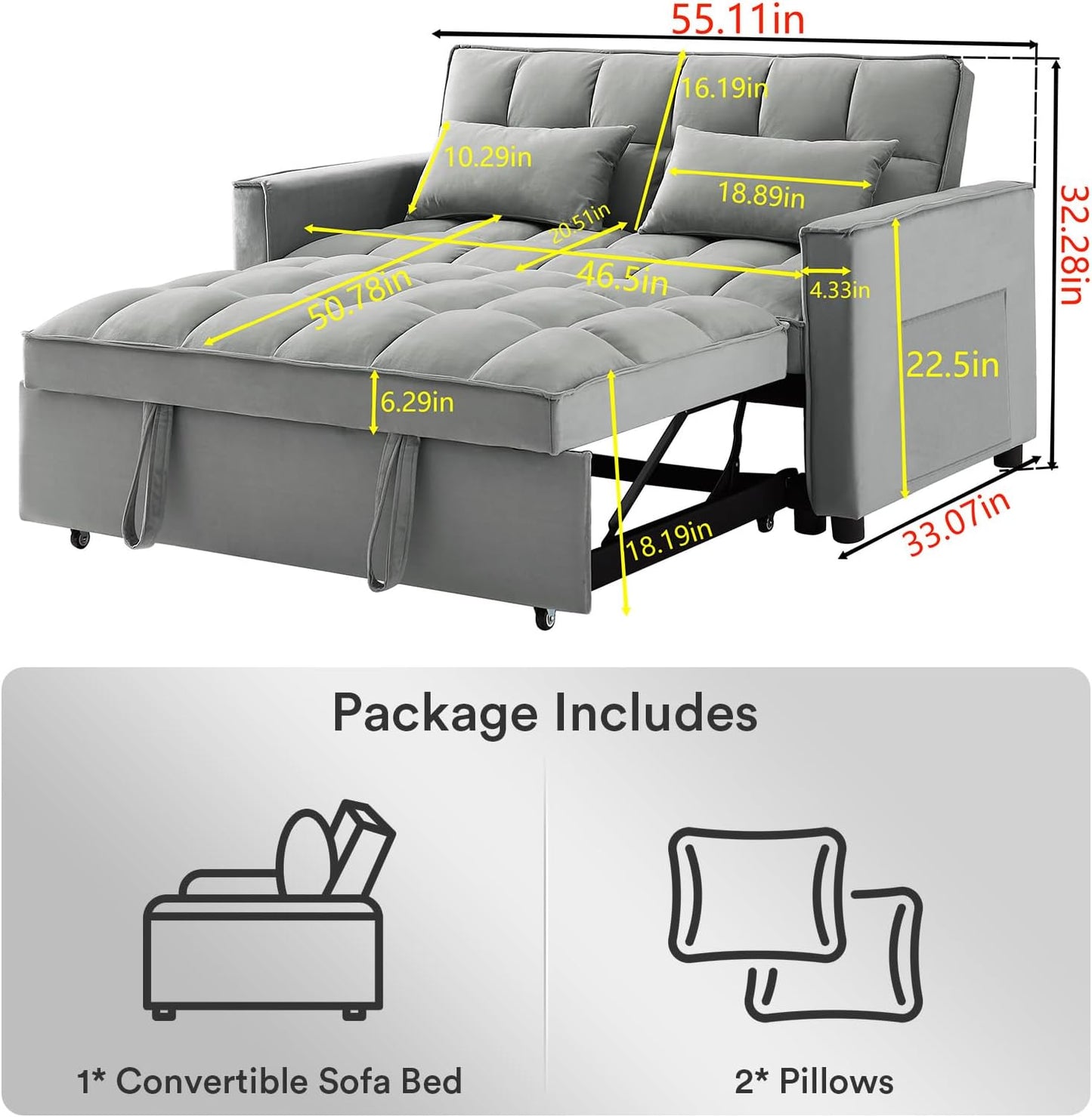 ZIVACATE  3 In 1 Sleeper Sofa Couch Bed Pull Out Sofa Bed Velvet Futon Loveseat Sleeper 2 Seat Chaise Lounge For Living Room