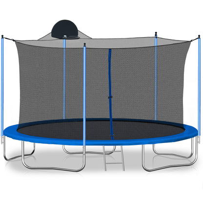 LIZEVINC Outdoor Trampoline for Kids, Upgraded 12/14-Foot Jumping Exercise Fitness Round Trampoline with Enclosure Net, Double-side Color cover ,Basketball Hoop and Ladder, Blue