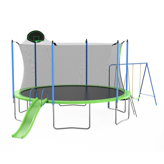 LIZEVINC 12FT/14FT Trampoline Set with Swing, Slide, Basketball Hoop and Ladder-Metal for Kids Adults, Recreational Jumping Trampolines for Outdoor Indoor, Green