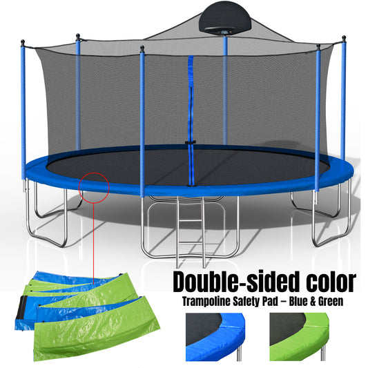 LIZEVINC Outdoor Trampoline for Kids, Upgraded 14/16-Foot Jumping Exercise Fitness Round Trampoline with Enclosure Net, Double-side Color cover ,Basketball Hoop and Ladder, Blue