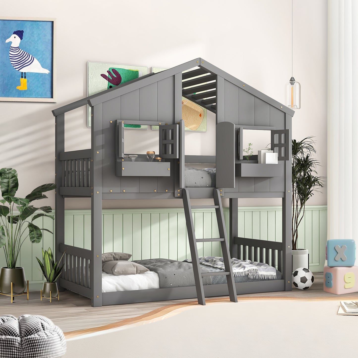 ZIVACATE House Bunk Beds for Kids Twin Over Twin with Stairs