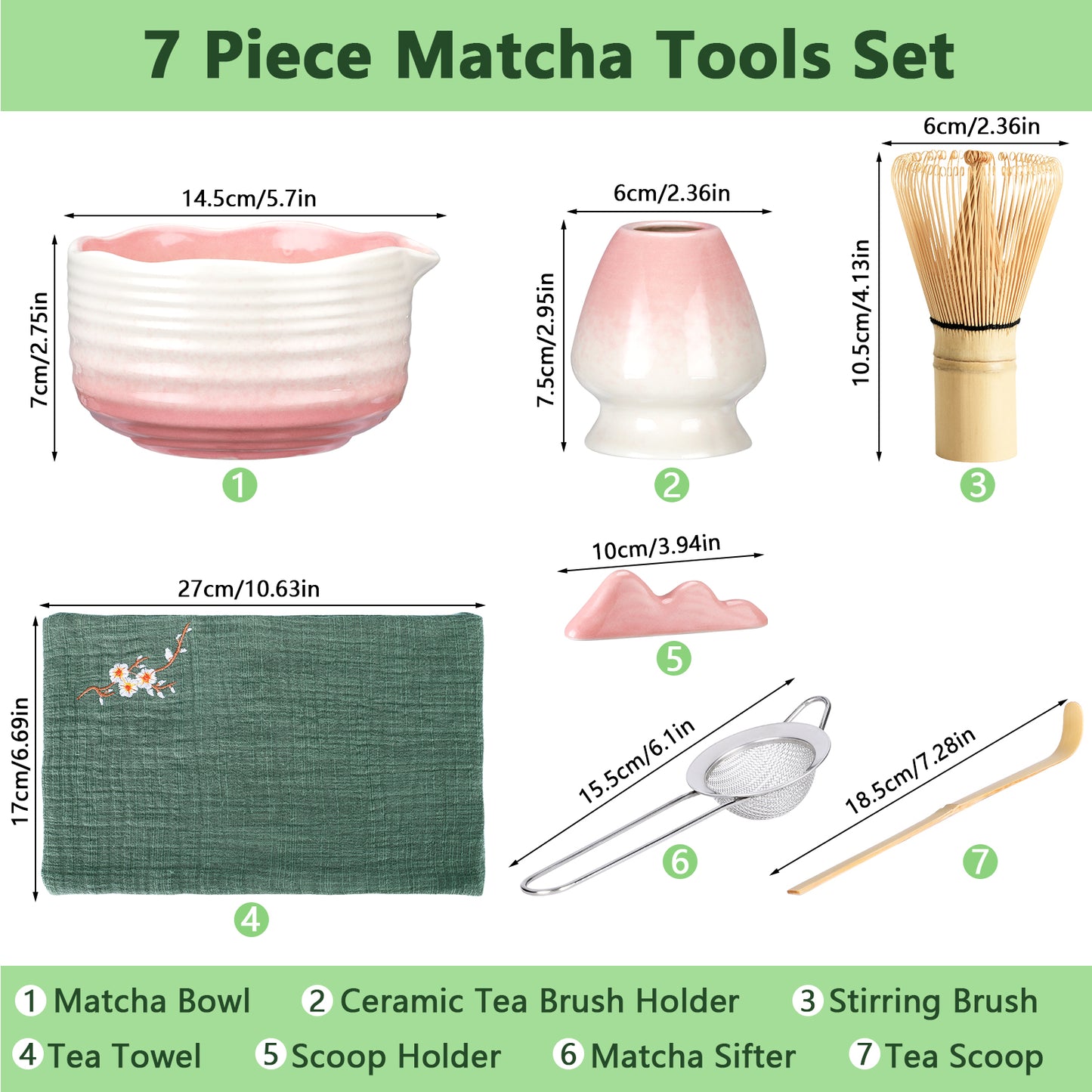 7 Pcs Matcha Whisk Set,Matcha Tea Kit Includes Matcha Bowl with Spout,Matcha Whisk and Holder,Bamboo Matcha Scoop,Stainless Steel Sifter,Scoop Stand and Tea Towel