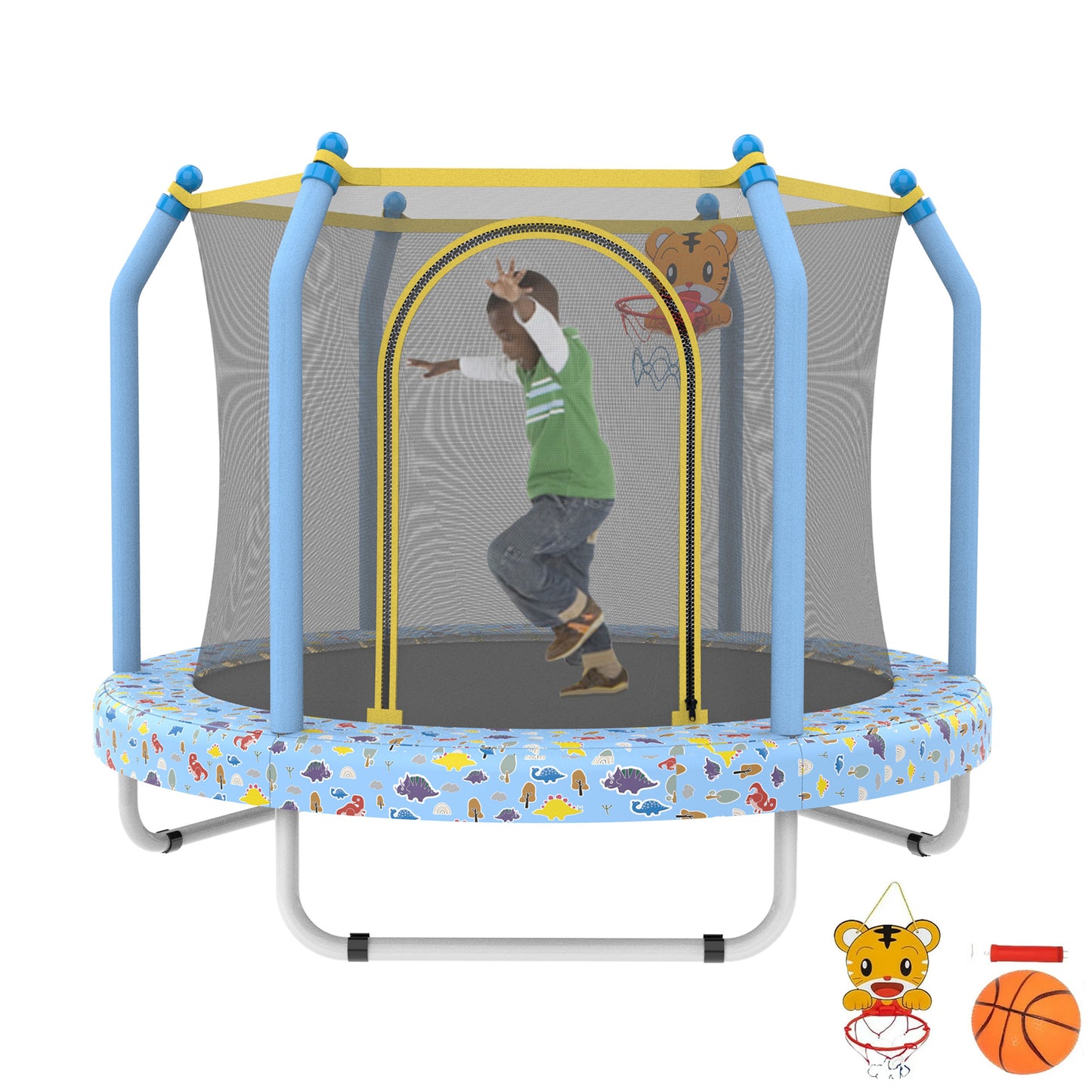 LIZEVINC 4.6FT Outdoor Toddler Trampoline with Enclosure Net, Mini Round Trampoline for Kids with Basketball, Small Trampoline Gifts for Boy and Girls,Yellow