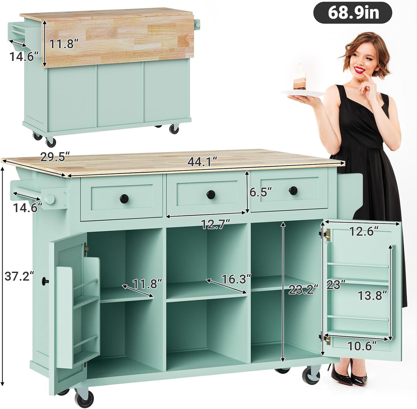 ZIVACATE Kitchen Island with Drawers 53 in Rolling Kitchen Island on Wheels with Storage