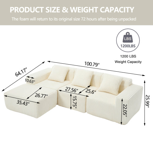 ZIVACATE L Shaped Modular Modern Sofa 100" Cloud Sectional Couch With Chaise Longue