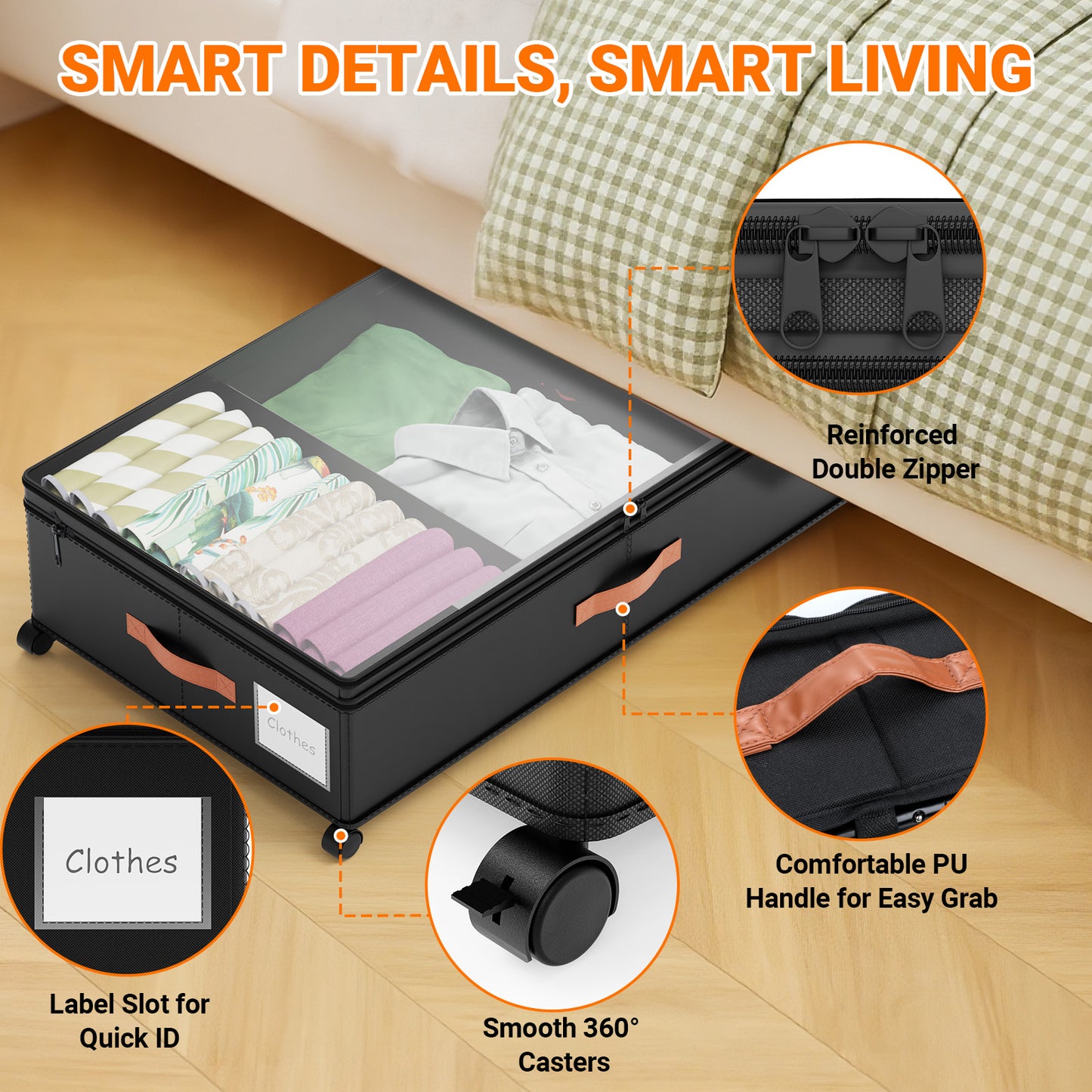 LIZEVINC 2-Pack Large Under Bed Storage with Wheels and Lids – Adjustable Height Rolling Storage Bins with Dividers, Space-Saving Underbed Organizer for Clothes, Shoes, Blankets