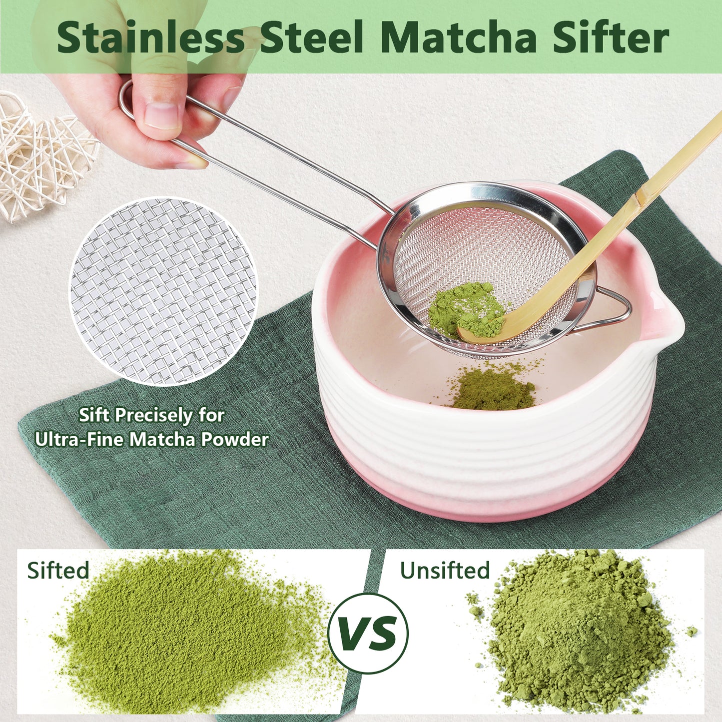 7 Pcs Matcha Whisk Set,Matcha Tea Kit Includes Matcha Bowl with Spout,Matcha Whisk and Holder,Bamboo Matcha Scoop,Stainless Steel Sifter,Scoop Stand and Tea Towel