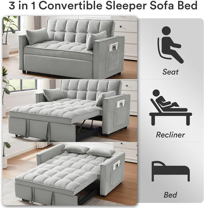 ZIVACATE  3 In 1 Sleeper Sofa Couch Bed Pull Out Sofa Bed Velvet Futon Loveseat Sleeper 2 Seat Chaise Lounge For Living Room