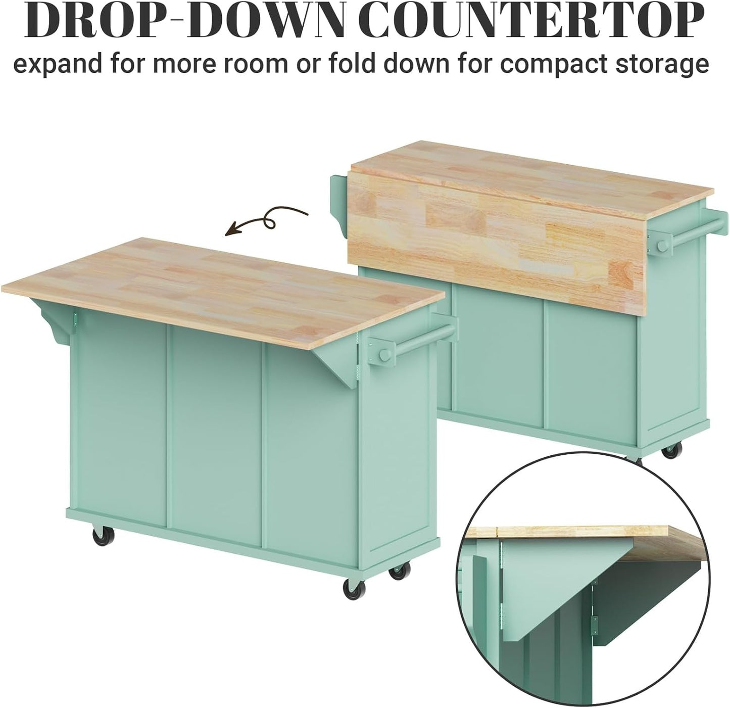 ZIVACATE Kitchen Island with Drawers 53 in Rolling Kitchen Island on Wheels with Storage