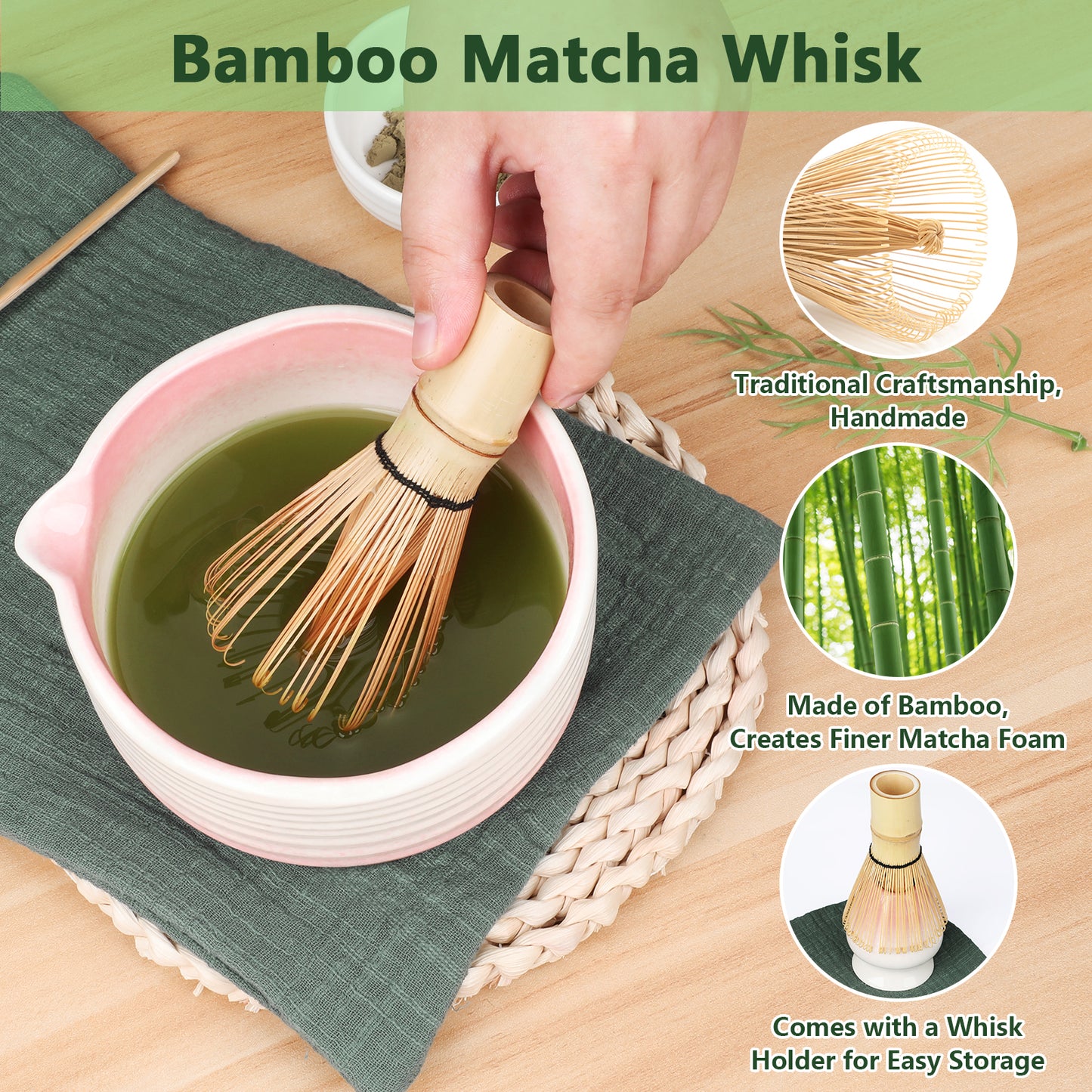 7 Pcs Matcha Whisk Set,Matcha Tea Kit Includes Matcha Bowl with Spout,Matcha Whisk and Holder,Bamboo Matcha Scoop,Stainless Steel Sifter,Scoop Stand and Tea Towel