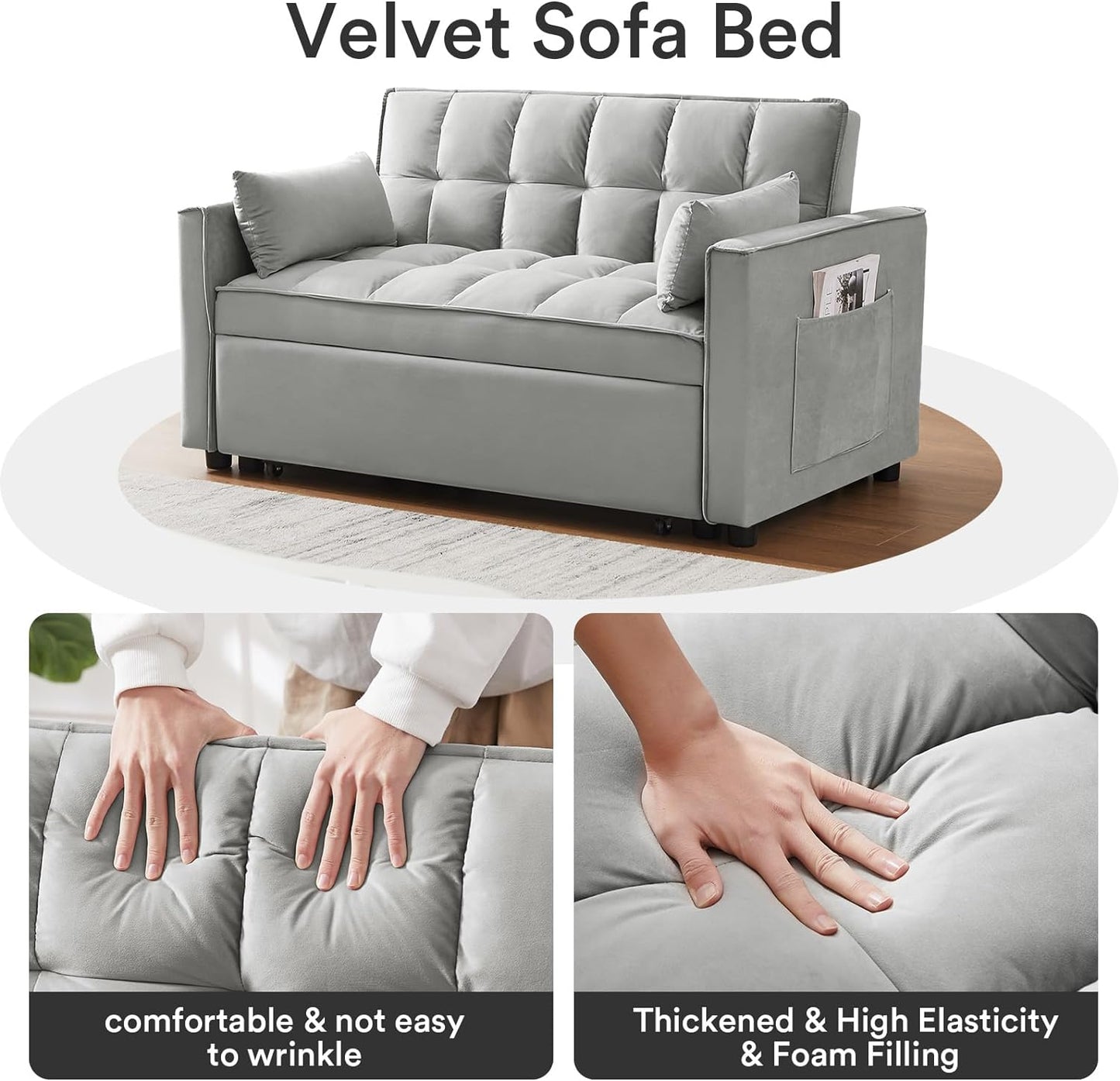 ZIVACATE  3 In 1 Sleeper Sofa Couch Bed Pull Out Sofa Bed Velvet Futon Loveseat Sleeper 2 Seat Chaise Lounge For Living Room