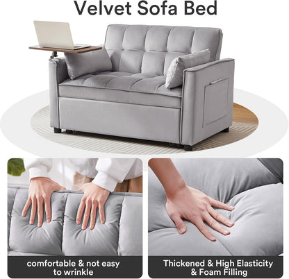 ZIVACATE  Pull Out Sleeper Sofa Bed Couch 3 In 1 Convertible Futon Velvet Loveseat Chaise Lounge, With Adjustable Backrest, 2 Pillows, Side Table, Pockets, Furniture For Living Room