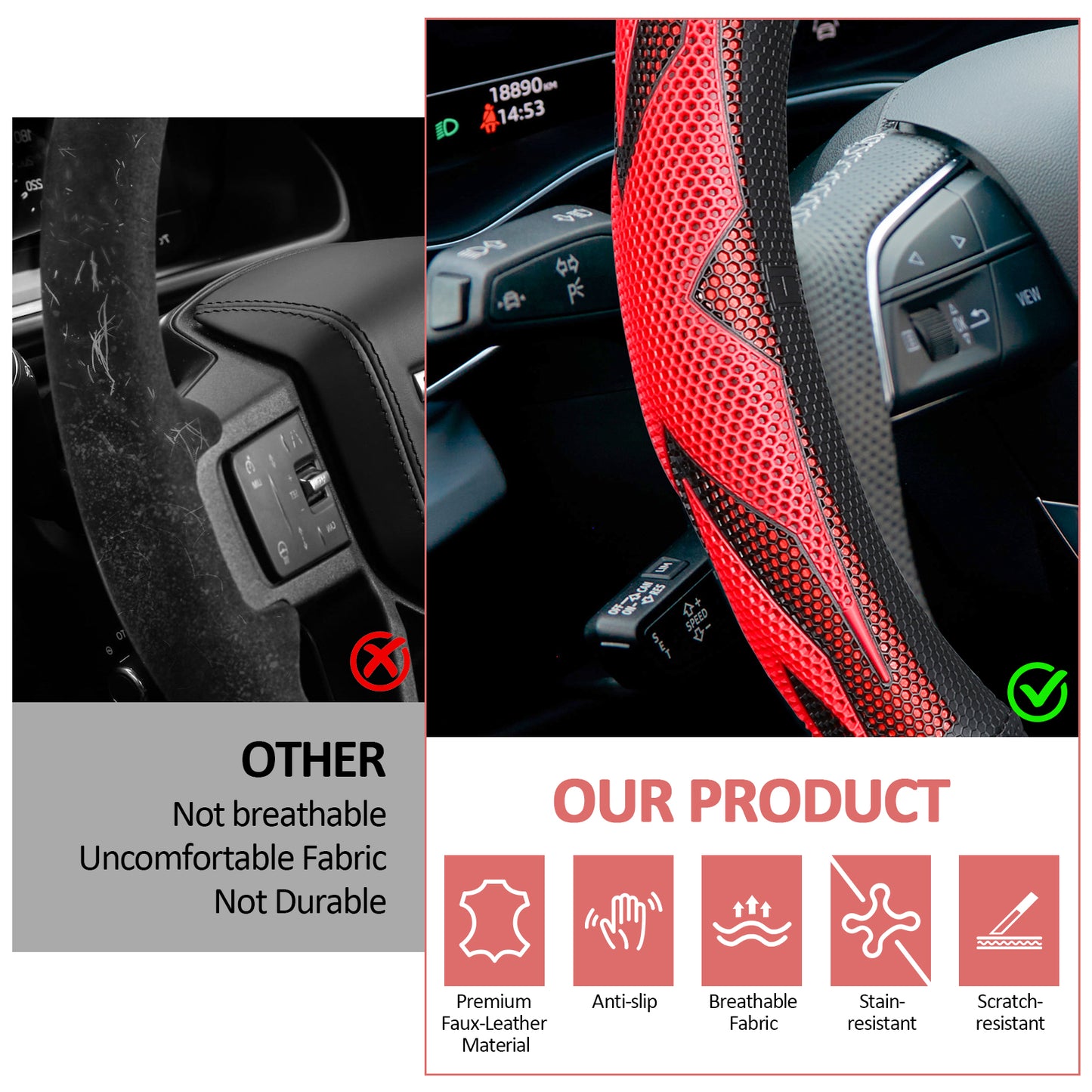 ZIVACATE Leather Car Steering Wheel Cover for Women, Universal Anti-Slip Car Accessories,Red