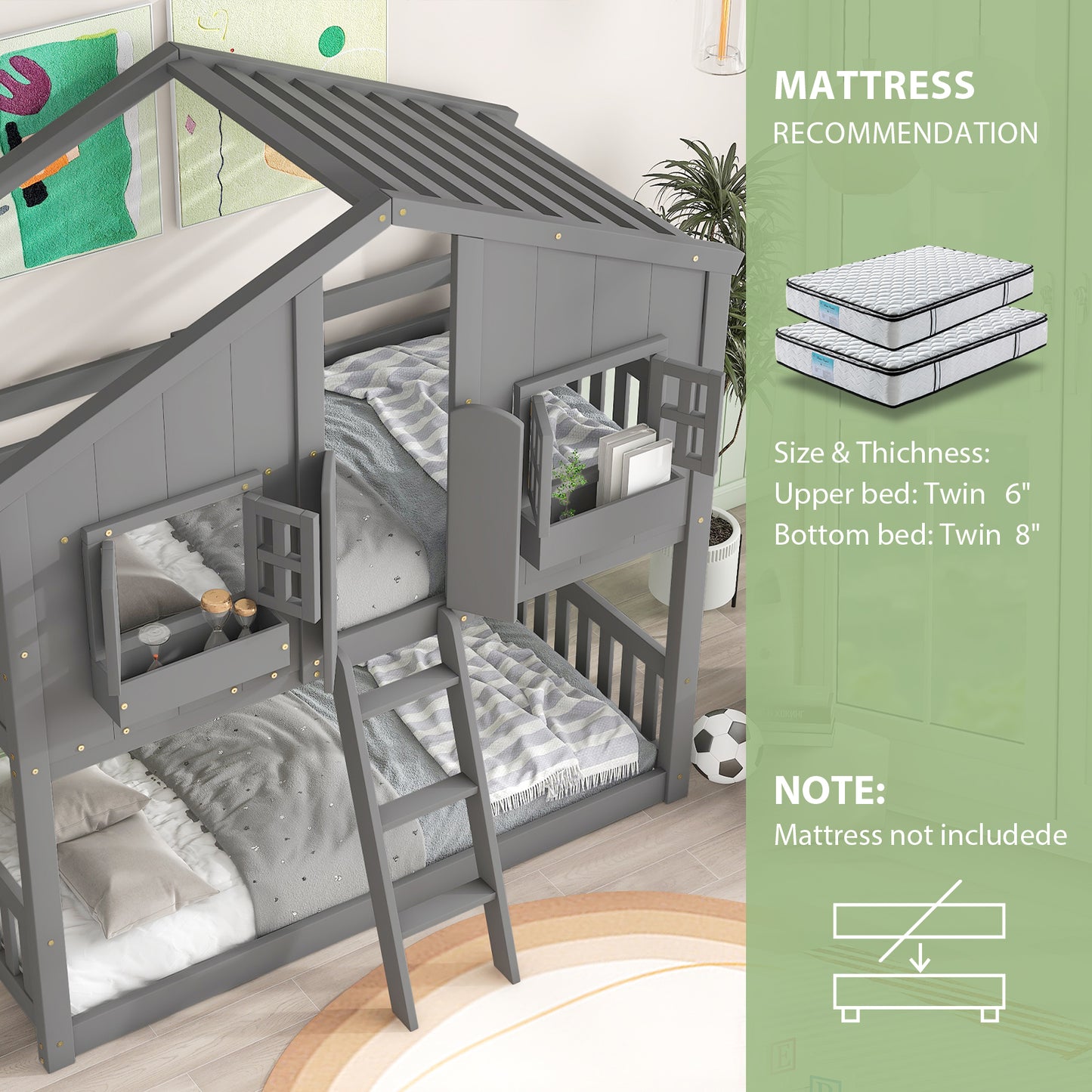 ZIVACATE House Bunk Beds for Kids Twin Over Twin with Stairs