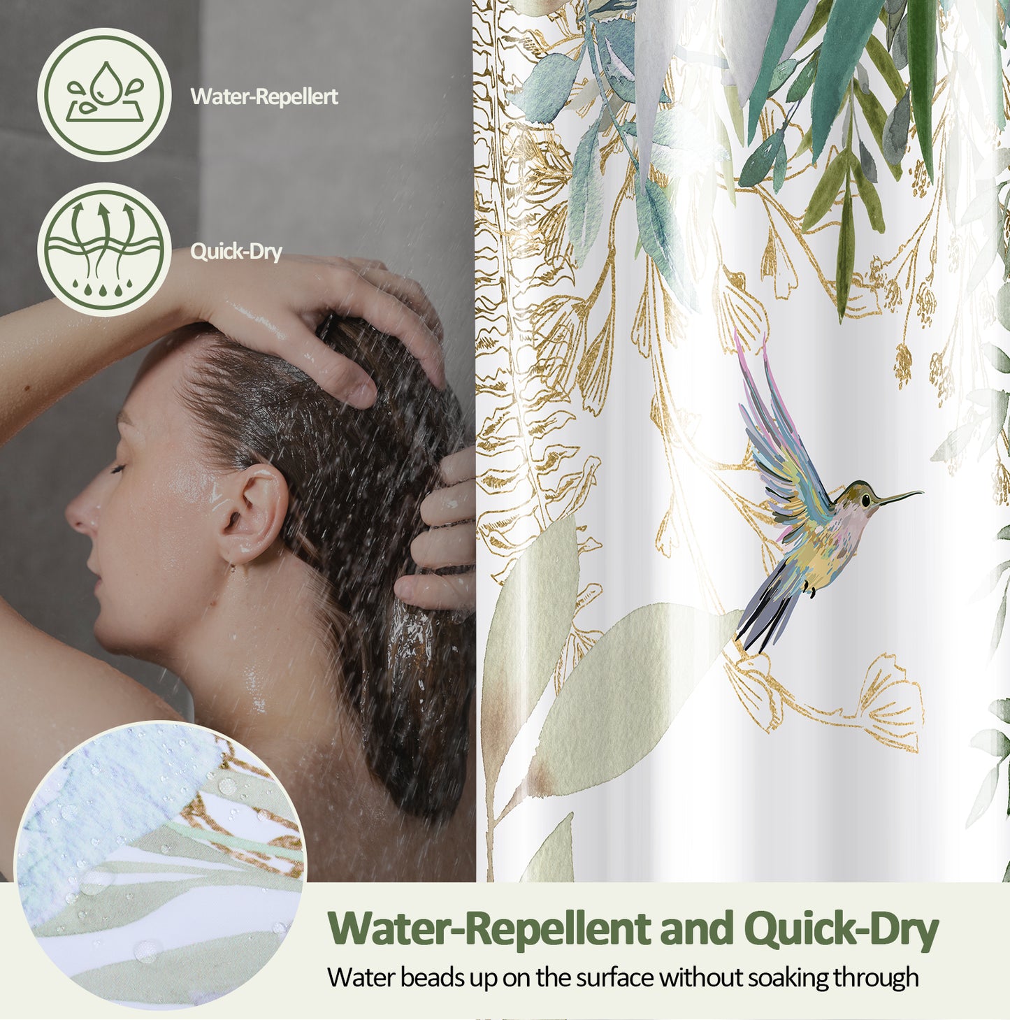 ZIVACATE Shower Curtain with Hooks-Watercolor Plant Leaves Floral Shower Curtain–Heavy-Duty Mold/Mildew-Resistant,Water-Repellent,72 x 72