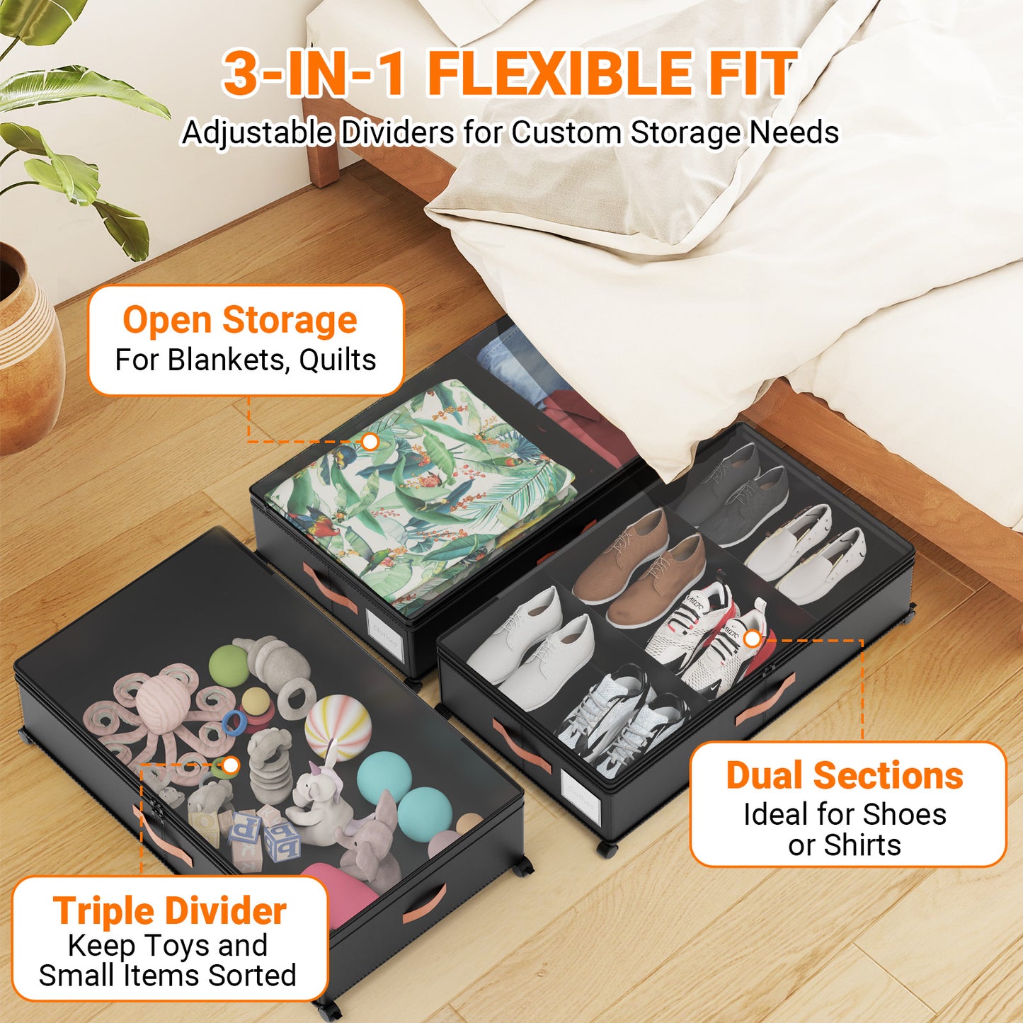 LIZEVINC 2-Pack Large Under Bed Storage with Wheels and Lids – Adjustable Height Rolling Storage Bins with Dividers, Space-Saving Underbed Organizer for Clothes, Shoes, Blankets