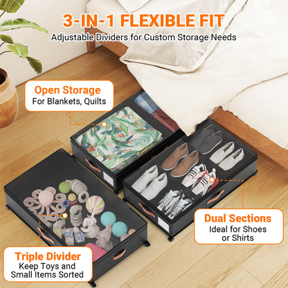 LIZEVINC 2-Pack Large Under Bed Storage with Wheels and Lids – Adjustable Height Rolling Storage Bins with Dividers, Space-Saving Underbed Organizer for Clothes, Shoes, Blankets