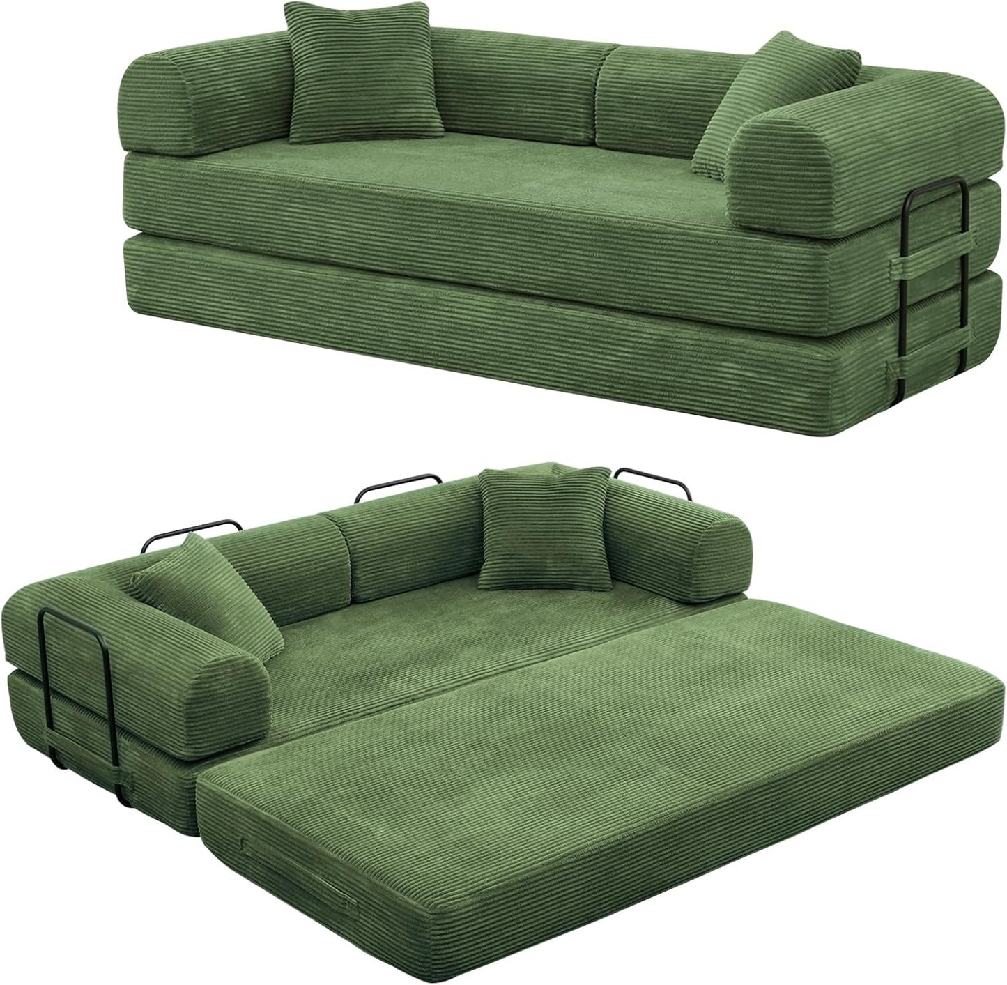 Convertible Sleeper Sofa Bed with Cylindrical Pillow, Corduroy Folding Mattress Couch with Fixed-Shape, Modular Sectional for Living Room, Bedroom, Studio