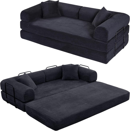 Convertible Sleeper Sofa Bed with Cylindrical Pillow, Corduroy Folding Mattress Couch with Fixed-Shape, Modular Sectional for Living Room, Bedroom, Studio