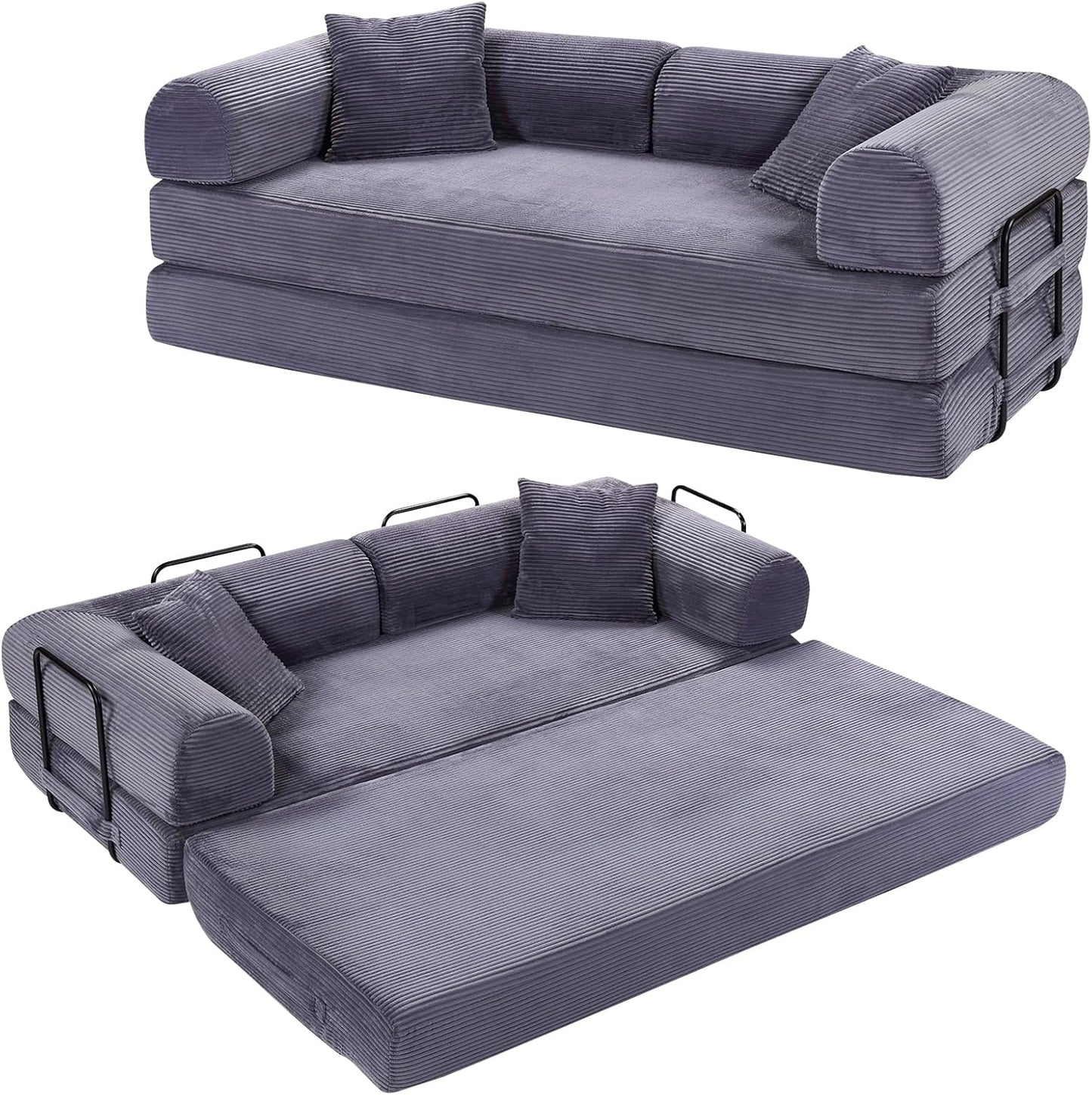Convertible Sleeper Sofa Bed with Cylindrical Pillow, Corduroy Folding Mattress Couch with Fixed-Shape, Modular Sectional for Living Room, Bedroom, Studio