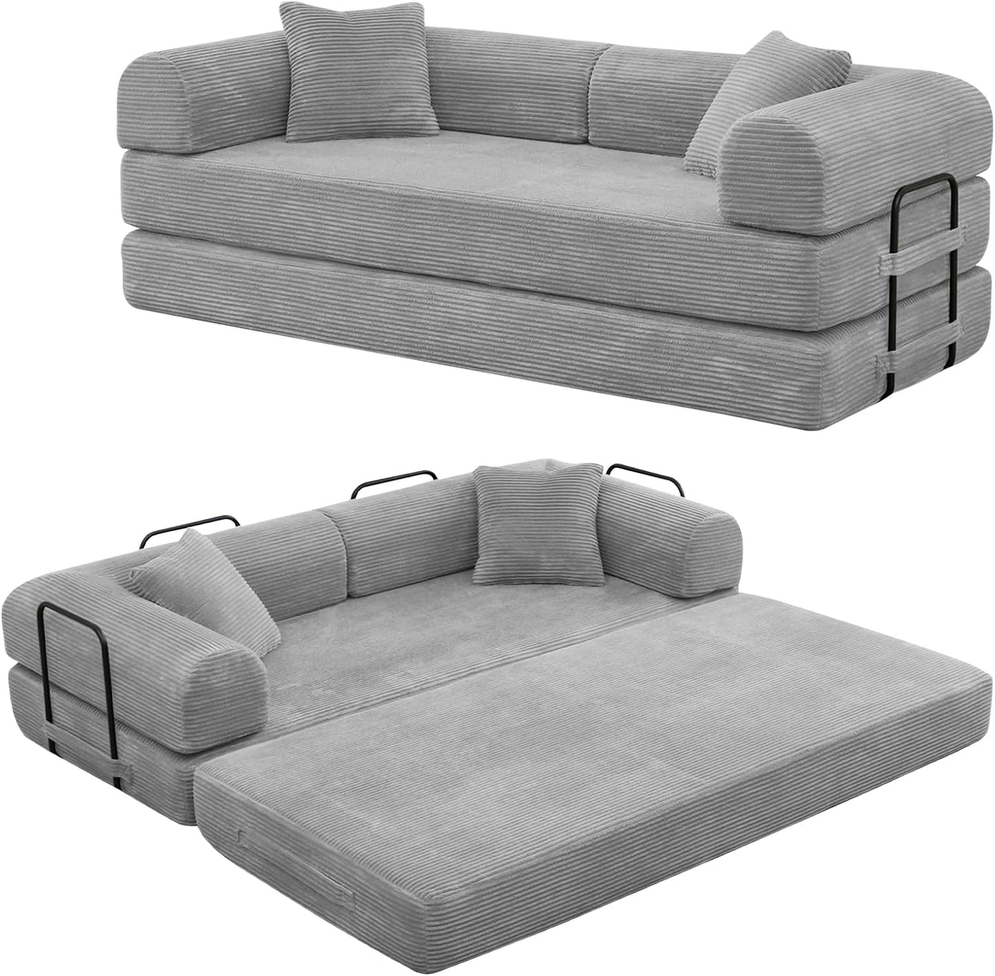 Convertible Sleeper Sofa Bed with Cylindrical Pillow, Corduroy Folding Mattress Couch with Fixed-Shape, Modular Sectional for Living Room, Bedroom, Studio