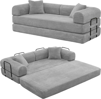 Convertible Sleeper Sofa Bed with Cylindrical Pillow, Corduroy Folding Mattress Couch with Fixed-Shape, Modular Sectional for Living Room, Bedroom, Studio